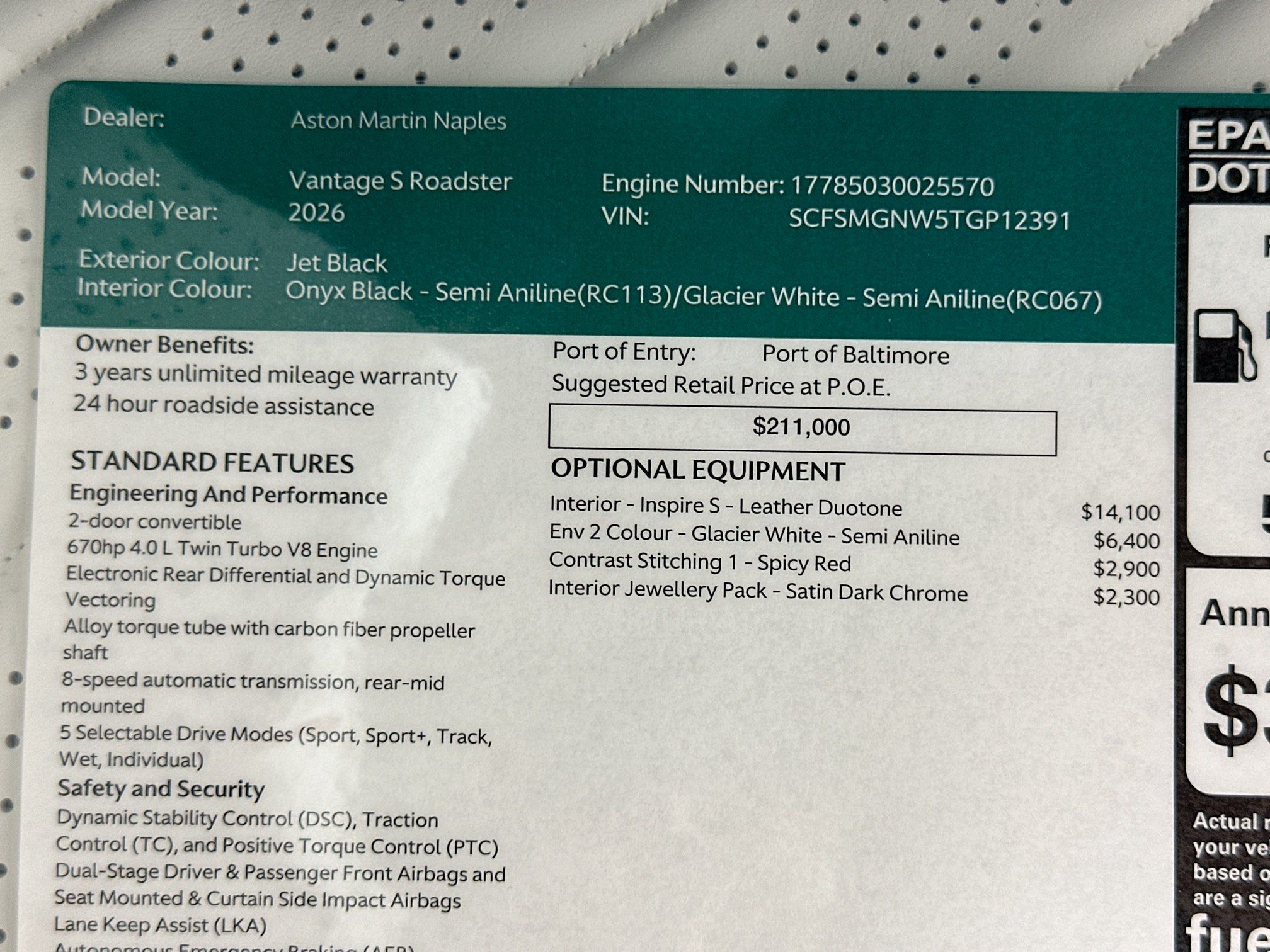 new 2026 Aston Martin Vantage car, priced at $254,800