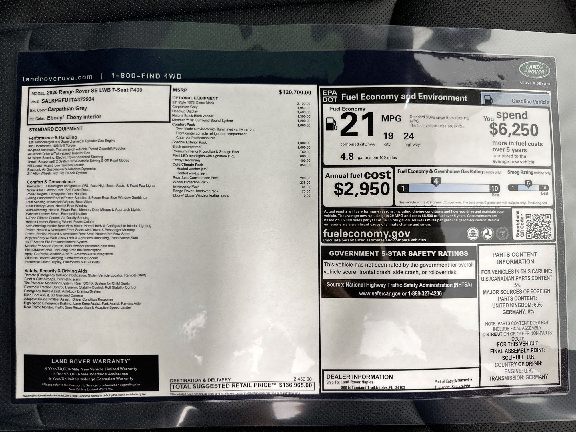new 2026 Land Rover Range Rover car, priced at $136,965