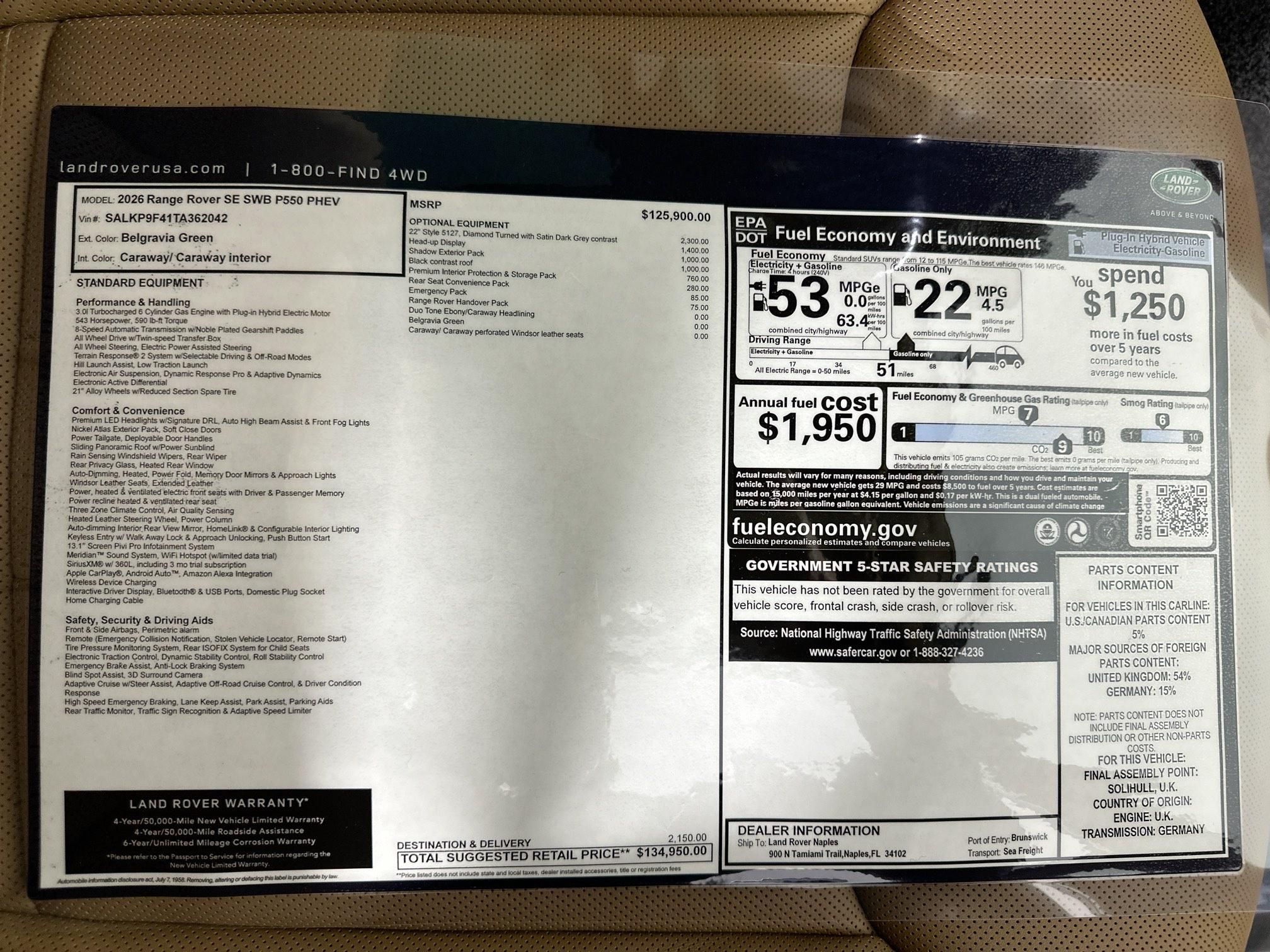 new 2026 Land Rover Range Rover Plug-In Hybrid car, priced at $134,950