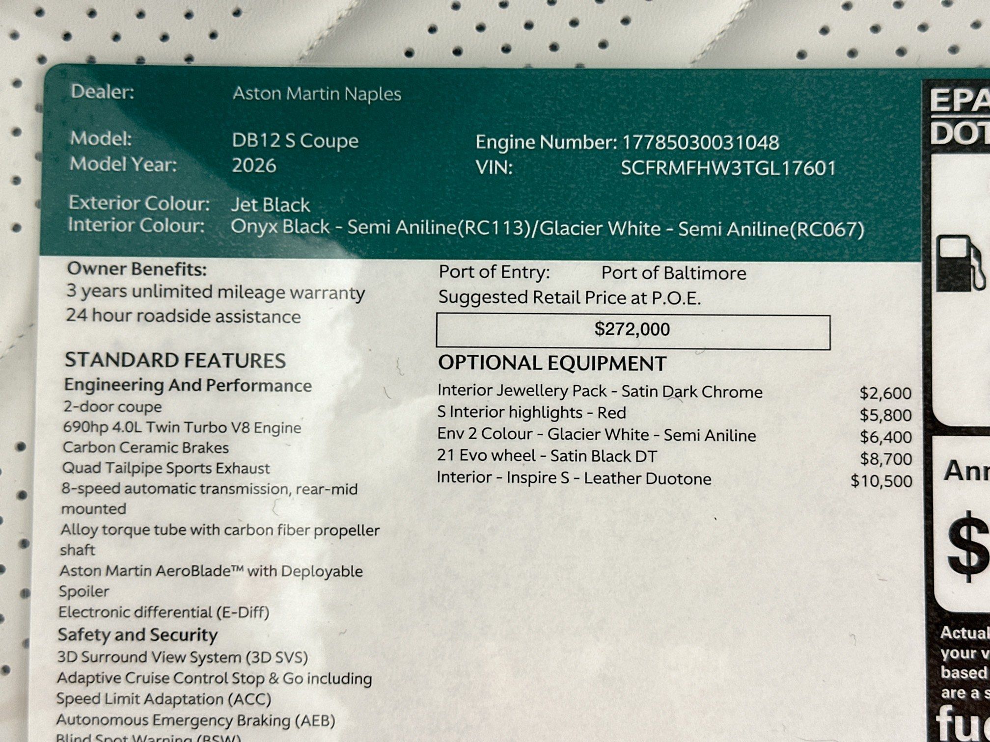 new 2026 Aston Martin DB12 car, priced at $330,100