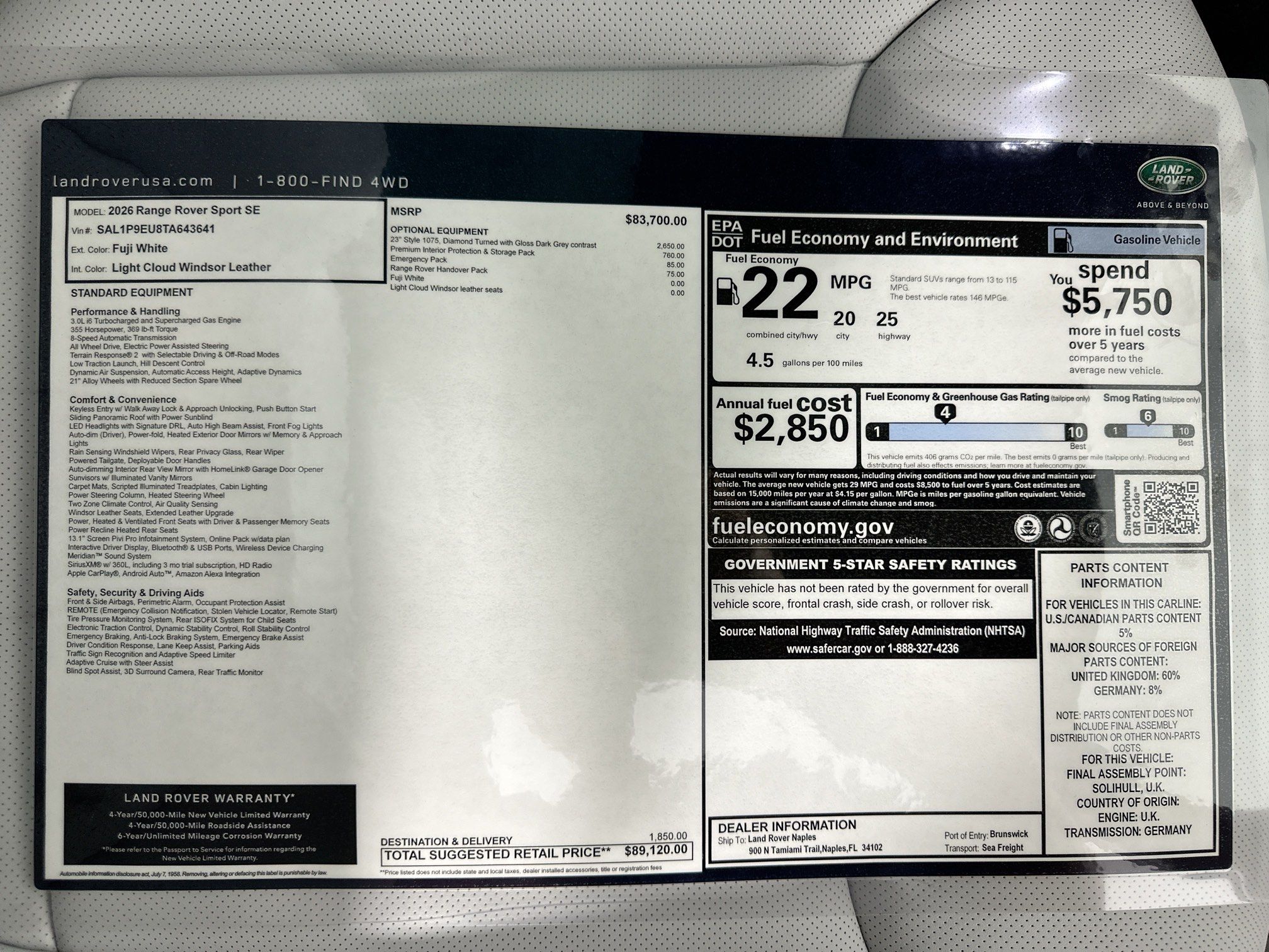 new 2026 Land Rover Range Rover Sport car, priced at $89,120