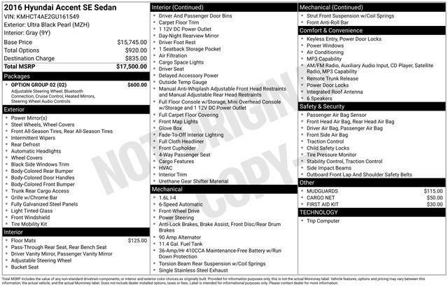 Ultra Black Pearl 2016 Hyundai Accent SE Sedan FWD Sedan Front-Wheel Drive 6-Speed Automatic
