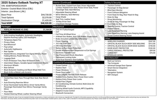 Crystal Black Silica 2025 Subaru Outback Touring XT AWD SUV / Crossover All-Wheel Drive Continuously Variable Transmission