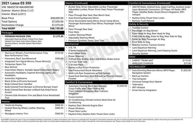 Silver Lining Metallic 2021 Lexus ES 350 FWD Sedan Front-Wheel Drive 8-Speed Automatic