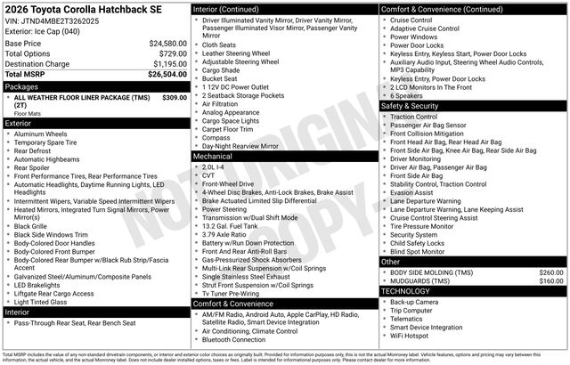 Ice Cap 2026 Toyota Corolla Hatchback SE FWD Hatchback Front-Wheel Drive Continuously Variable Transmission