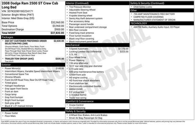 Bright White Clearcoat 2008 Dodge RAM 2500 Pickup Truck Four-Wheel Drive 5-Speed Automatic