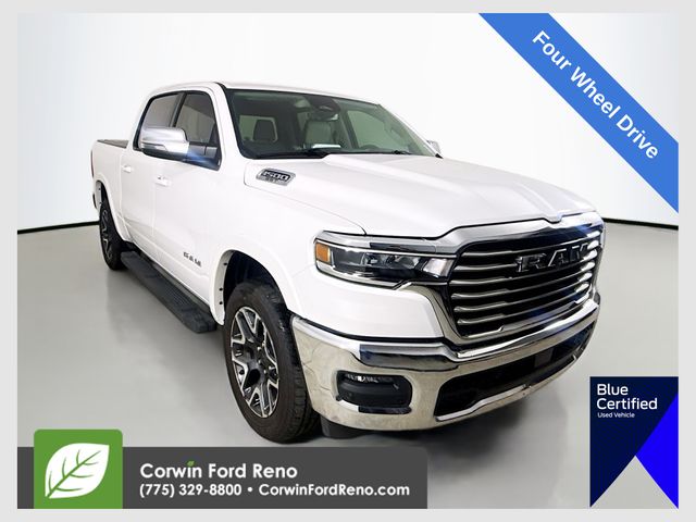 Ivory White Tri-Coat Pearlcoat 2025 RAM 1500 Laramie Crew Cab 4WD Pickup Truck Four-Wheel Drive 8-Speed Automatic