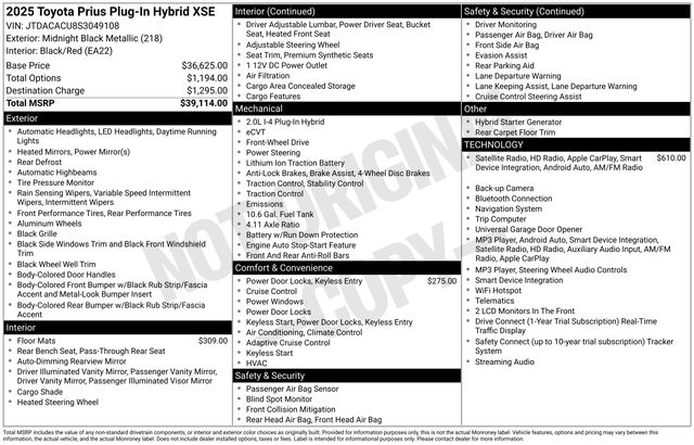 Midnight Black Metallic 2025 Toyota Prius Plug-In Hybrid Hatchback Front-Wheel Drive Continuously Variable Transmission