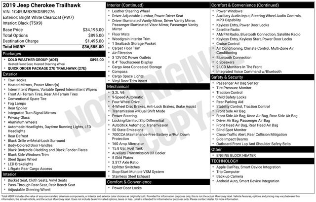 2019 Bright White Clearcoat Jeep Cherokee Trailhawk 4X4 SUV