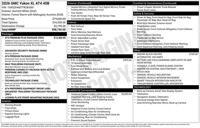 Summit White 2026 GMC Yukon XL AT4 4WD SUV / Crossover Four-Wheel Drive