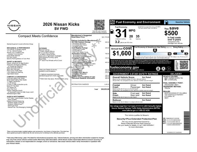 Aspen White Tricoat 2026 Nissan Kicks SV FWD SUV / Crossover Front-Wheel Drive Continuously Variable Transmission