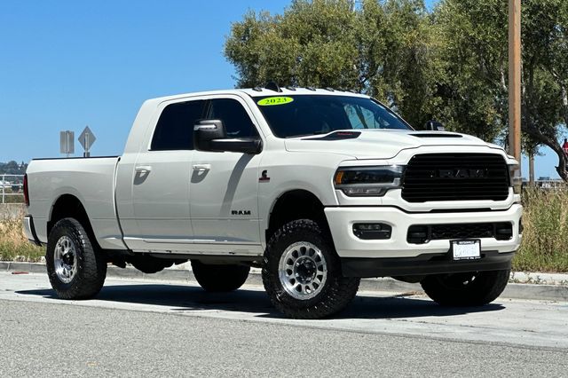 Pearl White 2023 RAM 3500 Laramie Mega Cab 4WD Pickup Truck Four-Wheel Drive 6-Speed Automatic