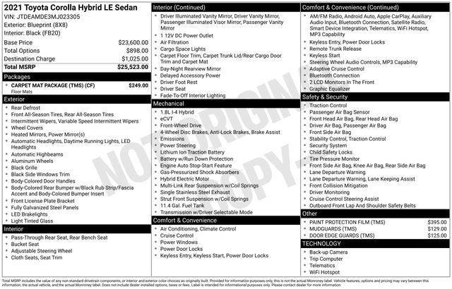 Blueprint 2021 Toyota Corolla Hybrid Sedan Front-Wheel Drive Continuously Variable Transmission