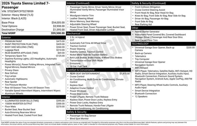 Heavy Metal 2026 Toyota Sienna Minivan All-Wheel Drive Continuously Variable Transmission