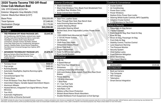 Magnetic Gray Metallic 2020 Toyota Tacoma Pickup Truck Four-Wheel Drive 6-Speed Manual