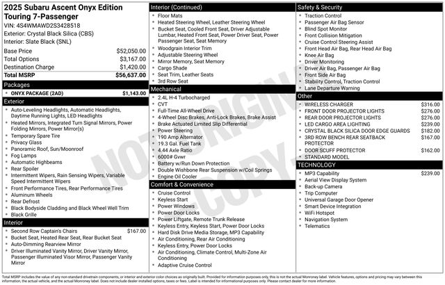 Crystal Black Silica 2025 Subaru Ascent Onyx Edition Touring AWD SUV / Crossover All-Wheel Drive Continuously Variable Transmission