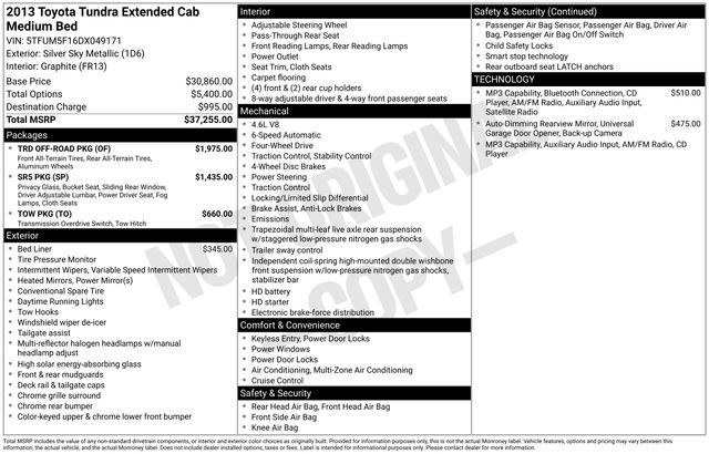 Silver Sky Metallic 2013 Toyota Tundra Pickup Truck Four-Wheel Drive 6-Speed Automatic Overdrive