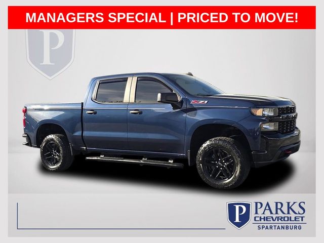 Northsky Blue Metallic 2021 Chevrolet Silverado 1500 Custom Trail Boss Crew Cab 4WD Pickup Truck Four-Wheel Drive 6-Speed Automatic Overdrive