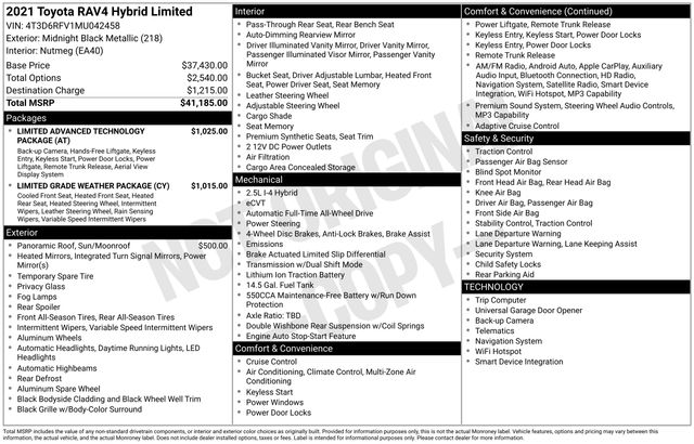 Midnight Black Metallic 2021 Toyota RAV4 Hybrid Limited AWD SUV / Crossover All-Wheel Drive Continuously Variable Transmission