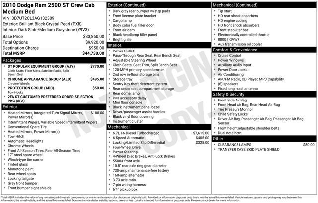 Brilliant Black Crystal Pearlcoat 2010 Dodge RAM 2500 ST Crew Cab 4WD Pickup Truck Four-Wheel Drive 6-Speed Automatic