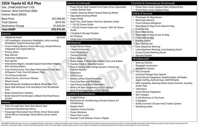 Wind Chill Prl 2026 Toyota bZ SUV / Crossover Front-Wheel Drive Automatic