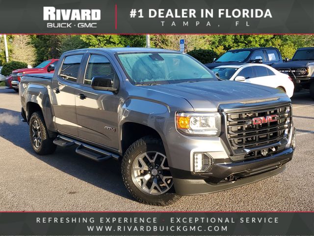 Gray (Satin Steel Metallic) 2021 GMC Canyon AT4 Crew Cab 4WD with Cloth Pickup Truck Four-Wheel Drive 8-Speed Automatic