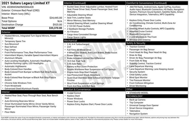 used 2021 Subaru Legacy car, priced at $15,999