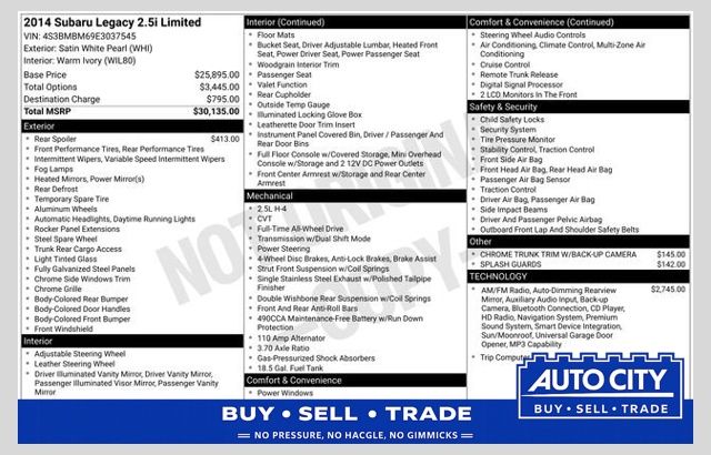 Satin White Pearl 2014 Subaru Legacy Sedan All-Wheel Drive Continuously Variable Transmission