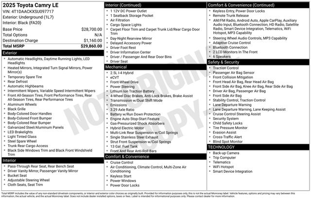 Underground 2025 Toyota Camry LE FWD Sedan Front-Wheel Drive Continuously Variable Transmission
