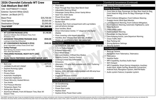 Summit White 2026 Chevrolet Colorado Pickup Truck Four-Wheel Drive 8-Speed Automatic