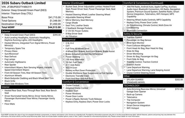 Deep Emerald Green Pearl 2026 Subaru Outback Limited AWD SUV / Crossover All-Wheel Drive Continuously Variable Transmission