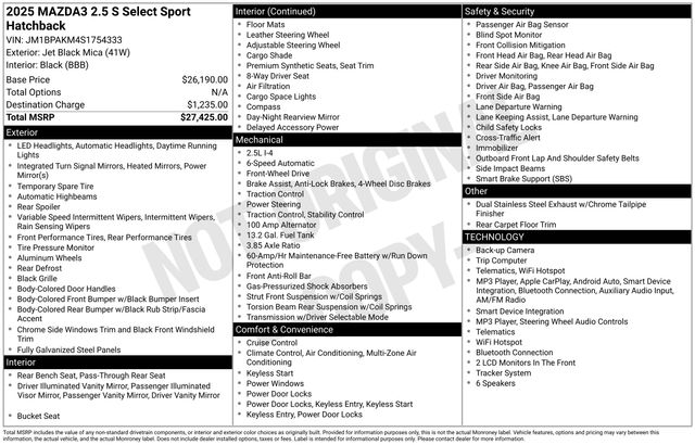 Jet Black 2025 Mazda MAZDA3 Hatchback Front-Wheel Drive 6-Speed Automatic