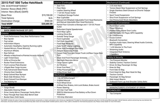 Rosso (Red) 2015 FIAT 500 Turbo Hatchback Front-Wheel Drive 5-Speed Manual