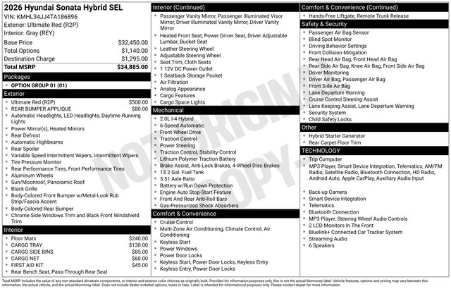 Ultimate red 2026 Hyundai Sonata Hybrid Sedan Front-Wheel Drive 6-Speed Automatic