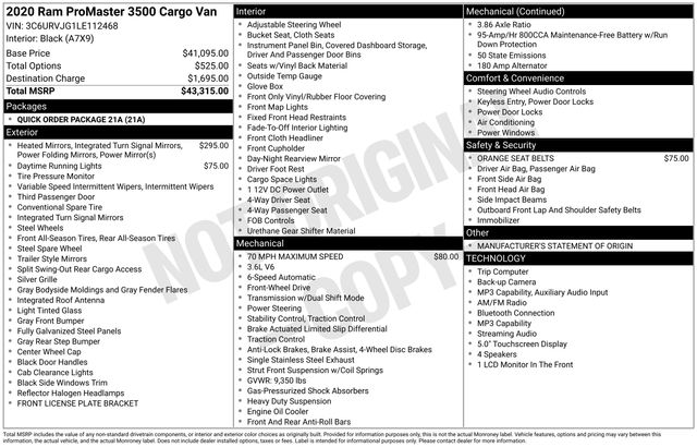 Used 2020 Ram ProMaster 3500 Van
