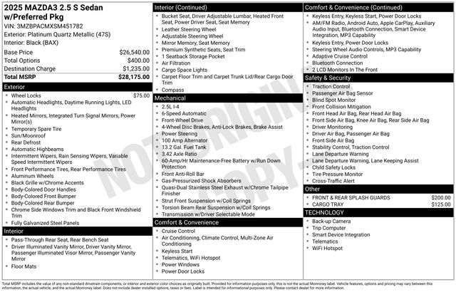 Gray (Platinum Quartz Metallic) 2025 Mazda MAZDA3 Sedan Front-Wheel Drive 6-Speed Automatic