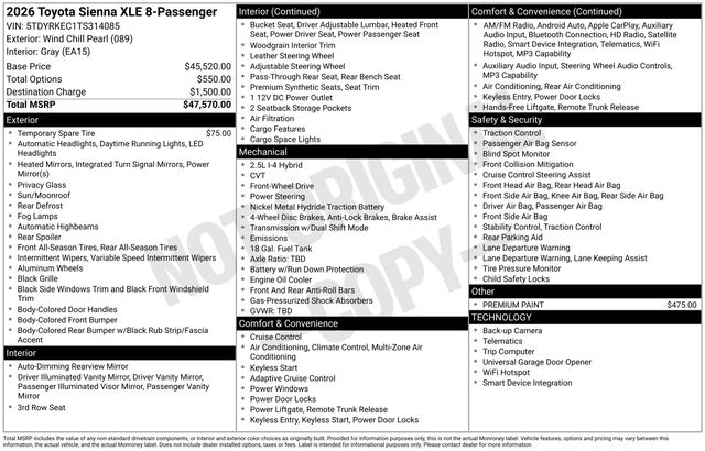 Wind Chill Prl 2026 Toyota Sienna XLE 7-Passenger FWD Minivan Front-Wheel Drive Continuously Variable Transmission