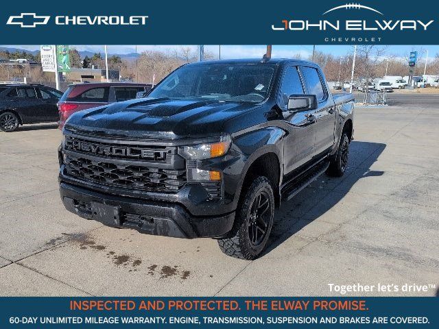 Black 2023 Chevrolet Silverado 1500 Custom Trail Boss Crew Cab 4WD Pickup Truck Four-Wheel Drive Automatic
