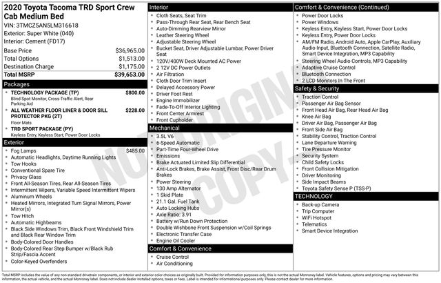 used 2020 Toyota Tacoma car, priced at $36,499