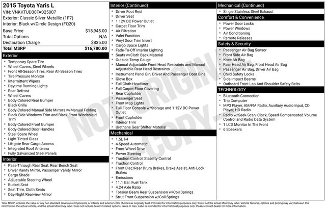 Classic Silver Metallic 2015 Toyota Yaris Hatchback Front-Wheel Drive 4-Speed Automatic Overdrive
