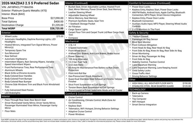 2026 Mazda MAZDA3 2.5 S Preferred Sedan FWD