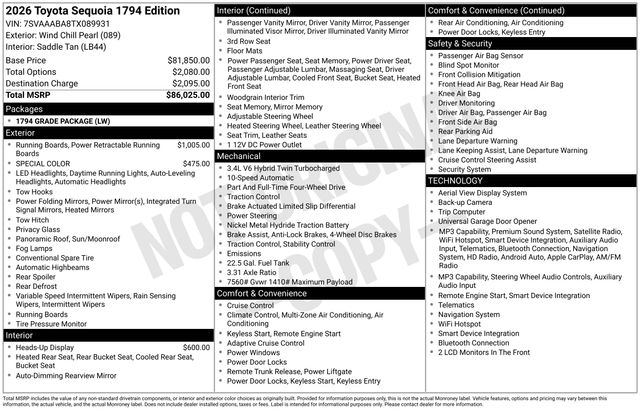 Pearl 2026 Toyota Sequoia 1794 Edition 4WD SUV / Crossover Four-Wheel Drive Automatic