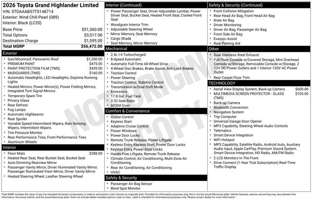 White (Wind Chill Pearl) 2026 Toyota Grand Highlander SUV / Crossover All-Wheel Drive 8-Speed Automatic