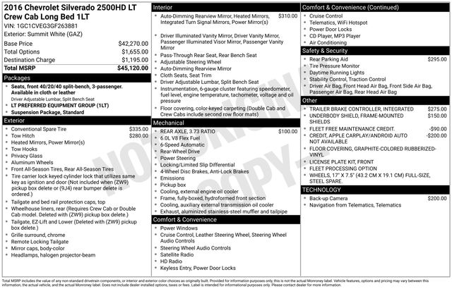 Summit White 2016 Chevrolet Silverado 2500HD LT Crew Cab RWD Pickup Truck 4X2 6-Speed Automatic Overdrive