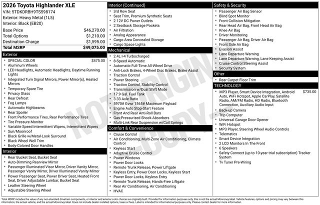 Heavy Metal 2026 Toyota Highlander SUV / Crossover All-Wheel Drive 8-Speed Automatic