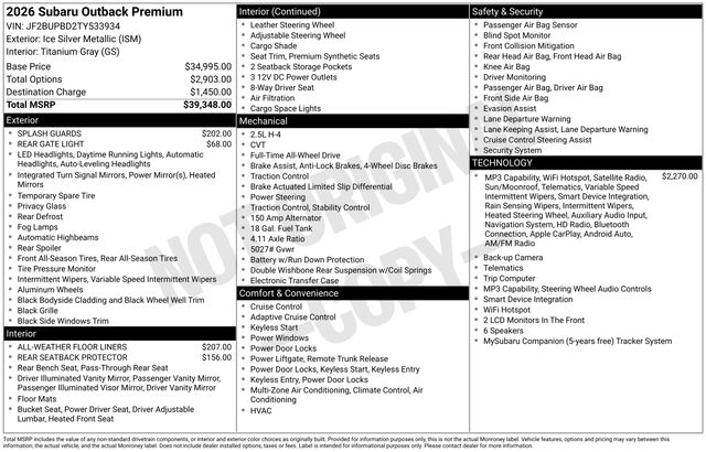 Ice Silver Metallic 2026 Subaru Outback SUV / Crossover All-Wheel Drive Continuously Variable Transmission