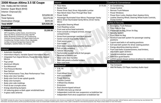 Super Black 2008 Nissan Altima Coupe Coupe Front-Wheel Drive Continuously Variable Transmission