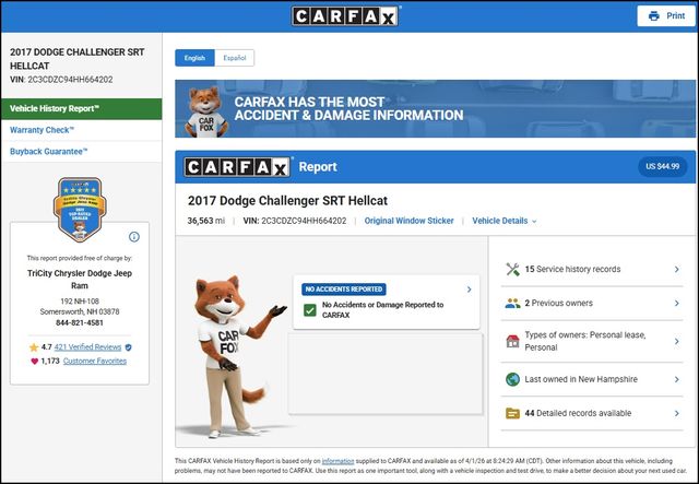 Go Mango 2017 Dodge Challenger SRT Hellcat RWD Coupe Rear-Wheel Drive 8-Speed Automatic