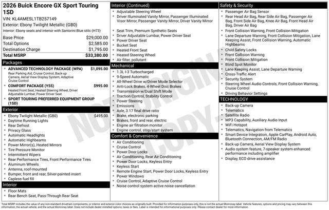 Black (Ebony Twilight Metallic) 2026 Buick Encore GX SUV / Crossover All-Wheel Drive 9-Speed Automatic