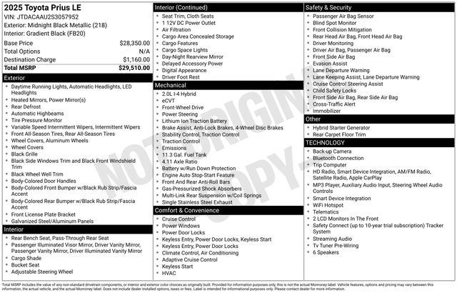 Midnight Black Metallic 2025 Toyota Prius Hatchback Front-Wheel Drive Continuously Variable Transmission